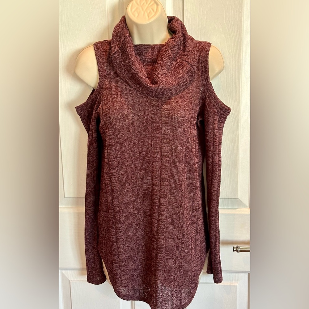 Lola Grace Cold Shoulder Cowl Neck lightweight sweater. Small plum/purple color